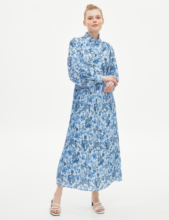 KAYRA - Çiçek Desenli Eteği Pileli Elbise-Açık Mavi