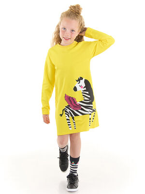 Kız Çocuk Kanatlı Zebra Elbise - Sarı - DENOKİDS