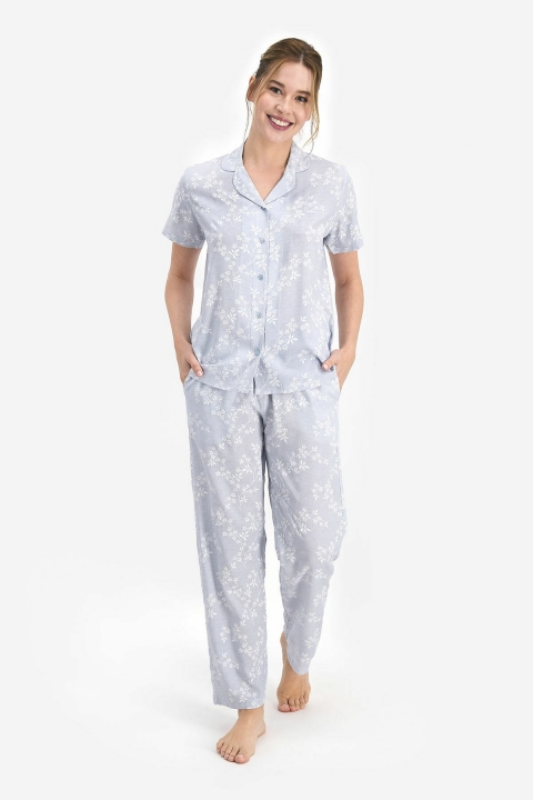 PİERRE CARDİN - Pierre Cardin Flowering Kadın Kısa Kol Pijama Takımı Açık İndigo PC7765